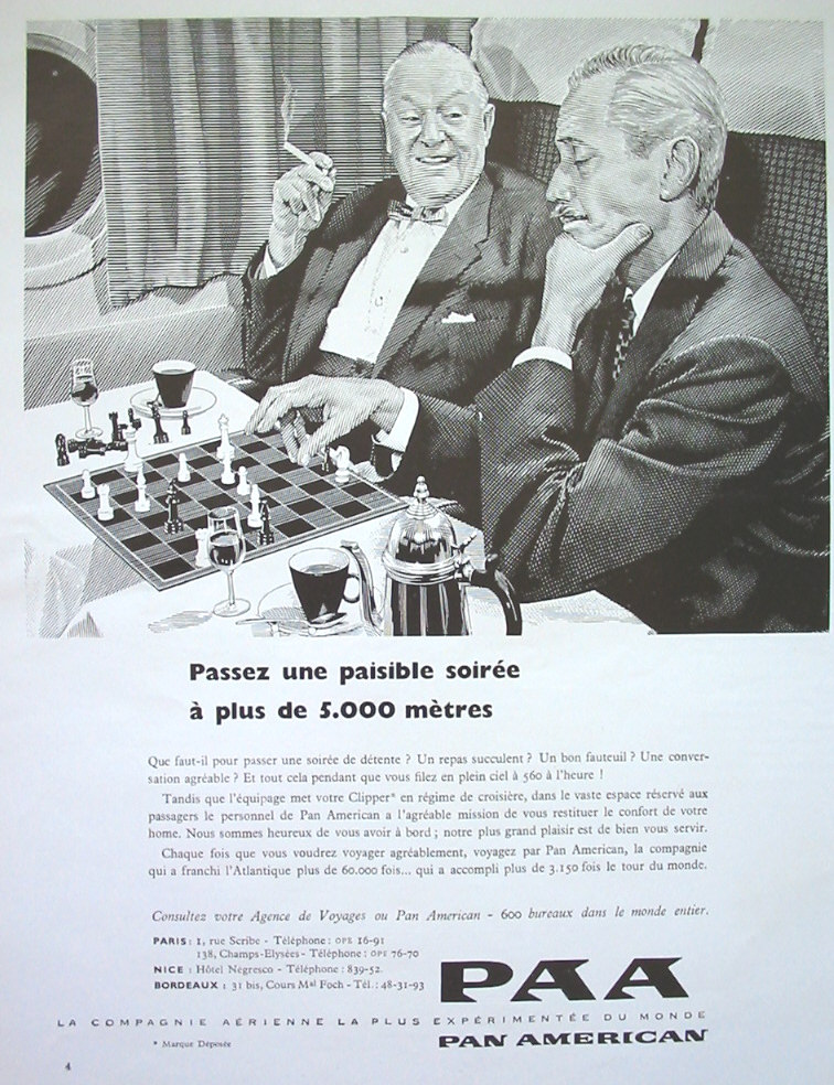 1957 A Pan American French language ad promoting deluxe First Class Service.